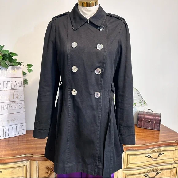 Express Black Denim Double-Breasted Belted Silver Button Trench Coat - Picture 7 of 16